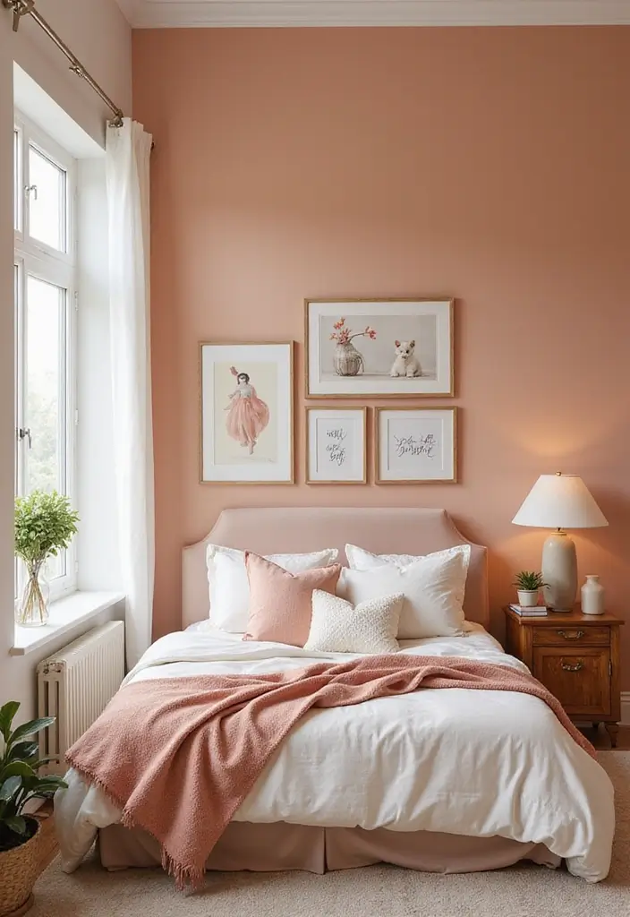 30 Peach Color Bedroom Ideas That Feel Fresh and Modern - 16. Personalized Artwork in Peach Tones