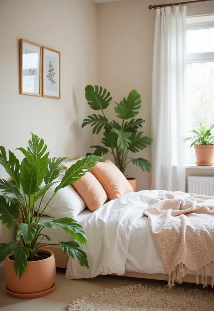 30 Peach Color Bedroom Ideas That Feel Fresh and Modern - 23. Compliment with Greenery