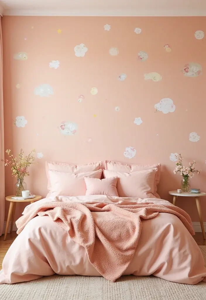 30 Peach Color Bedroom Ideas That Feel Fresh and Modern - 24. Utilize Wall Decals