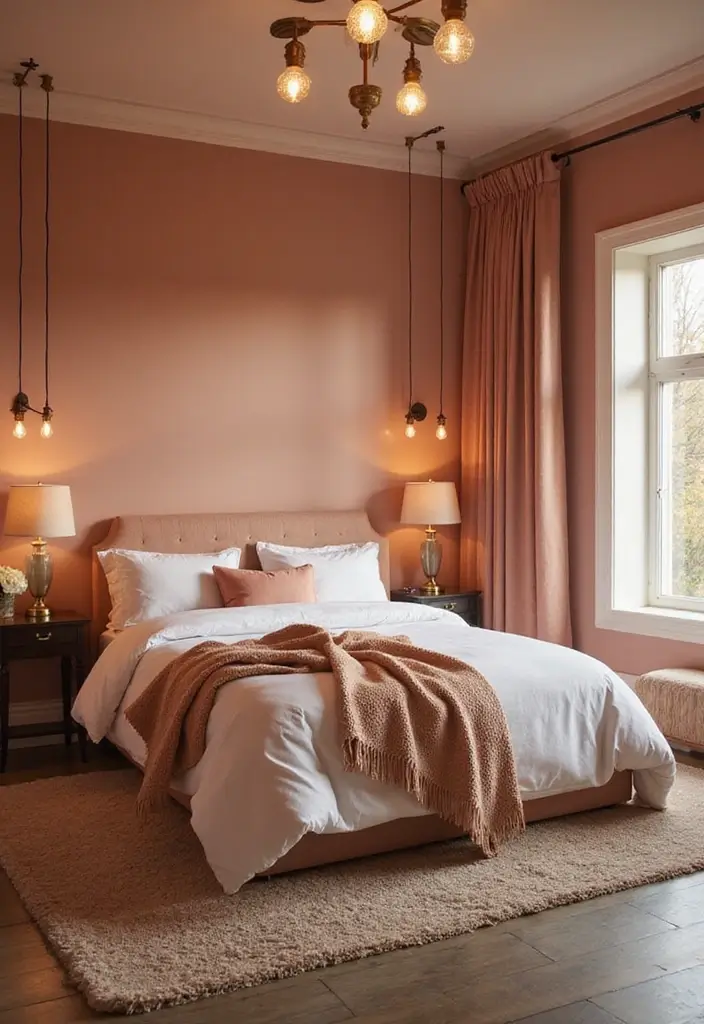 30 Peach Color Bedroom Ideas That Feel Fresh and Modern - 28. Elegant Peach Lighting Fixtures