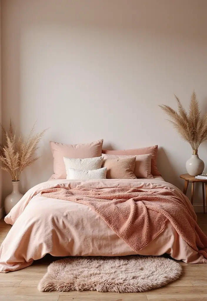 30 Peach Color Bedroom Ideas That Feel Fresh and Modern - 8. Layered Textures for a Cozy Feel