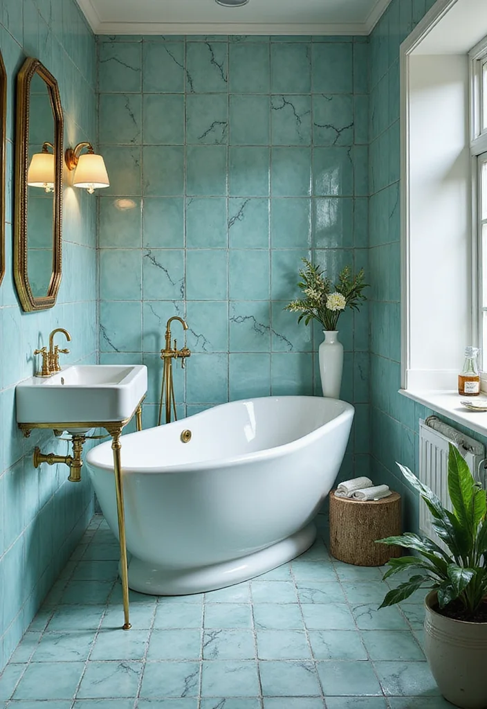 14 Aqua Tile Bathroom Ideas With Fresh Colour - 10. Aqua Tiles with Metallic Accents