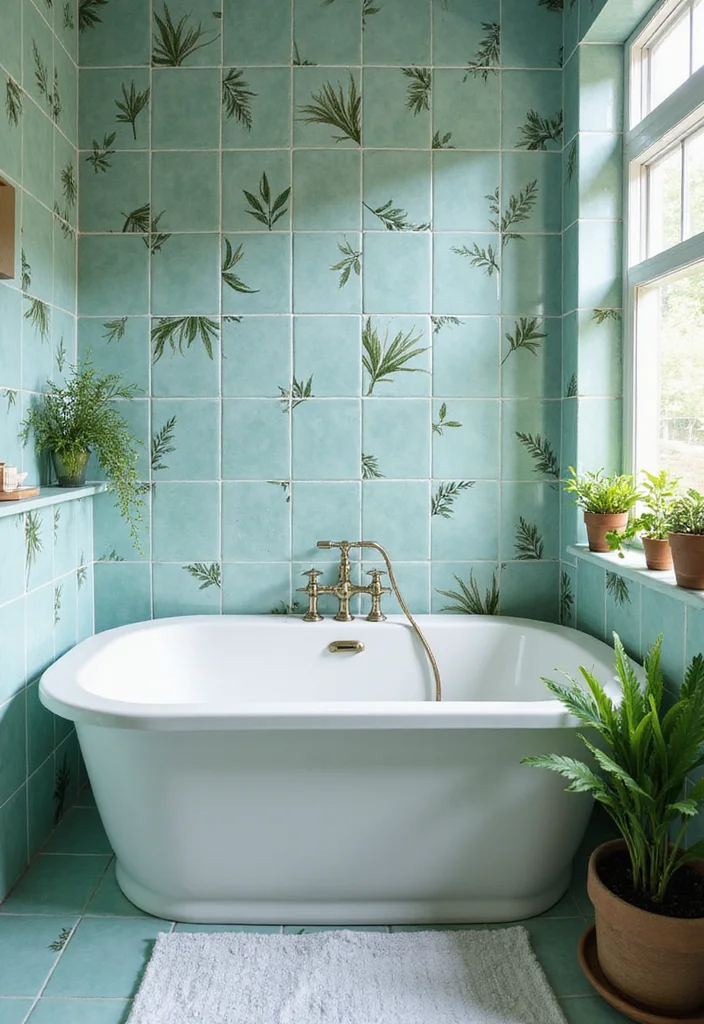 14 Aqua Tile Bathroom Ideas With Fresh Colour - 11. Aqua Tiles with Botanical Prints