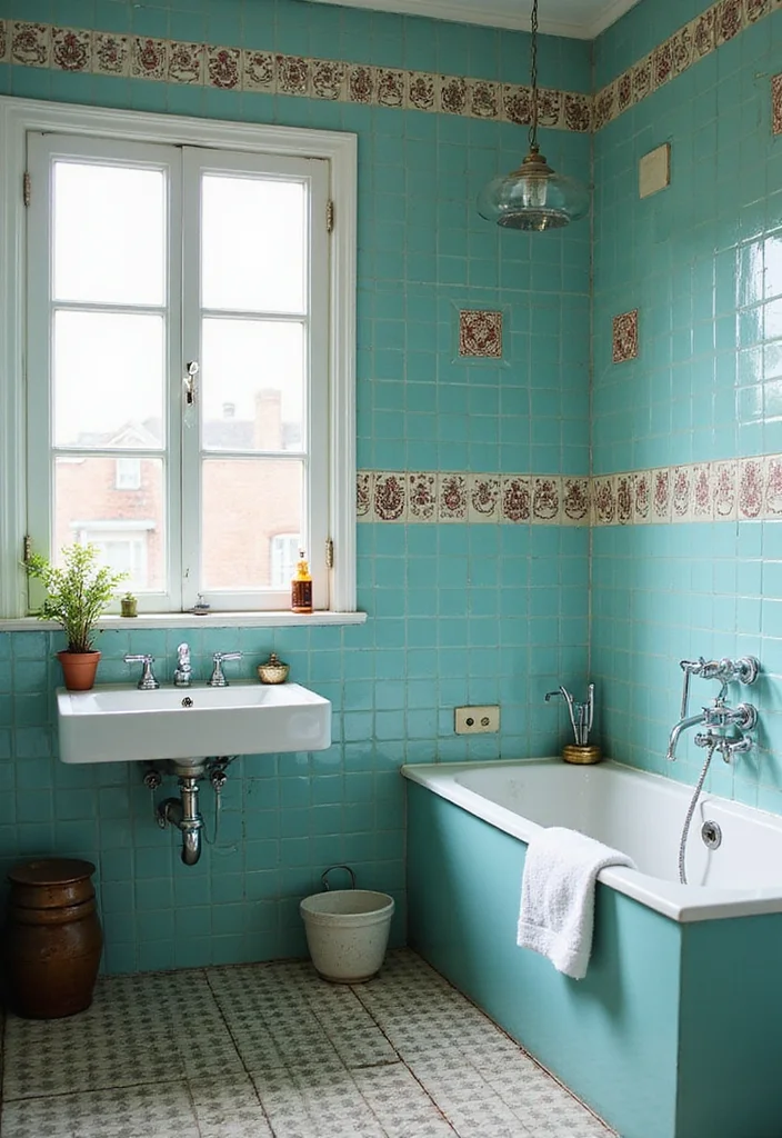 14 Aqua Tile Bathroom Ideas With Fresh Colour - 12. Vintage Aqua Tile Inspiration