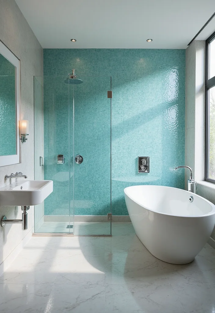 14 Aqua Tile Bathroom Ideas With Fresh Colour - 2. Subtle Shimmer with Glass Tiles