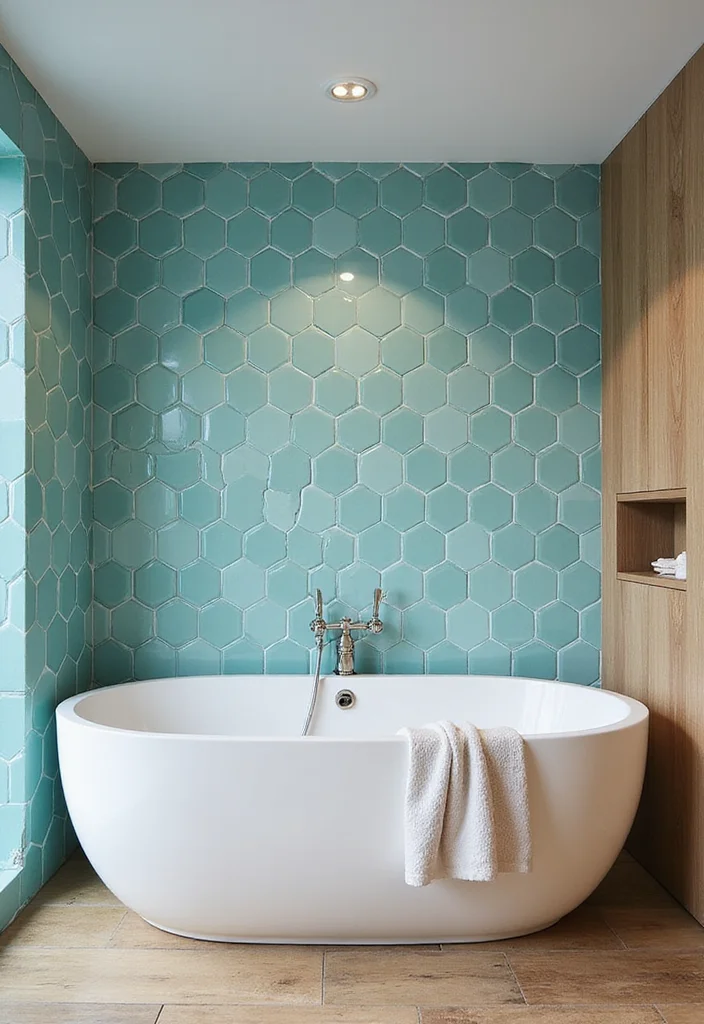 14 Aqua Tile Bathroom Ideas With Fresh Colour - 3. Coastal Chic Hexagon Arrangements