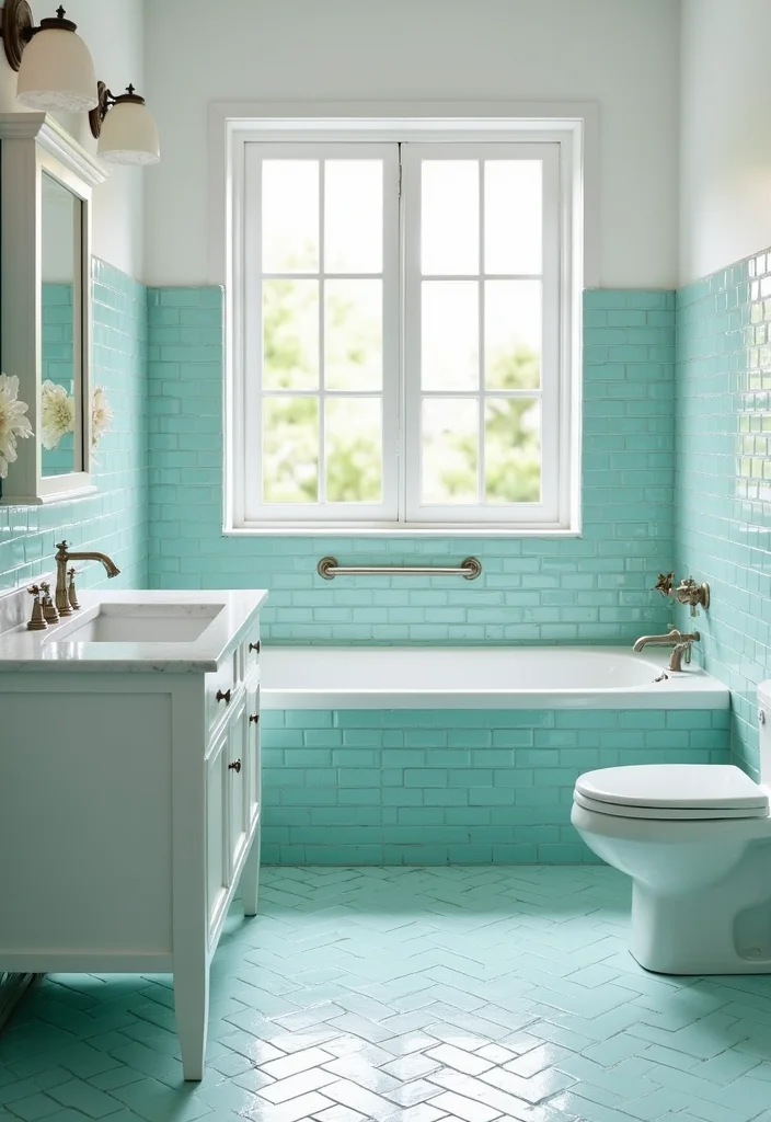 14 Aqua Tile Bathroom Ideas With Fresh Colour - 4. Classic Subway Tiles with a Twist