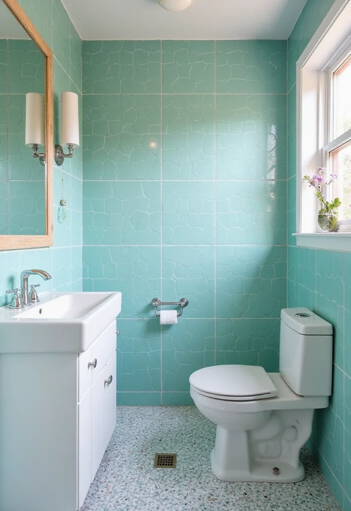 14 Aqua Tile Bathroom Ideas With Fresh Colour - 6. Patterns that Pop: Aqua and White