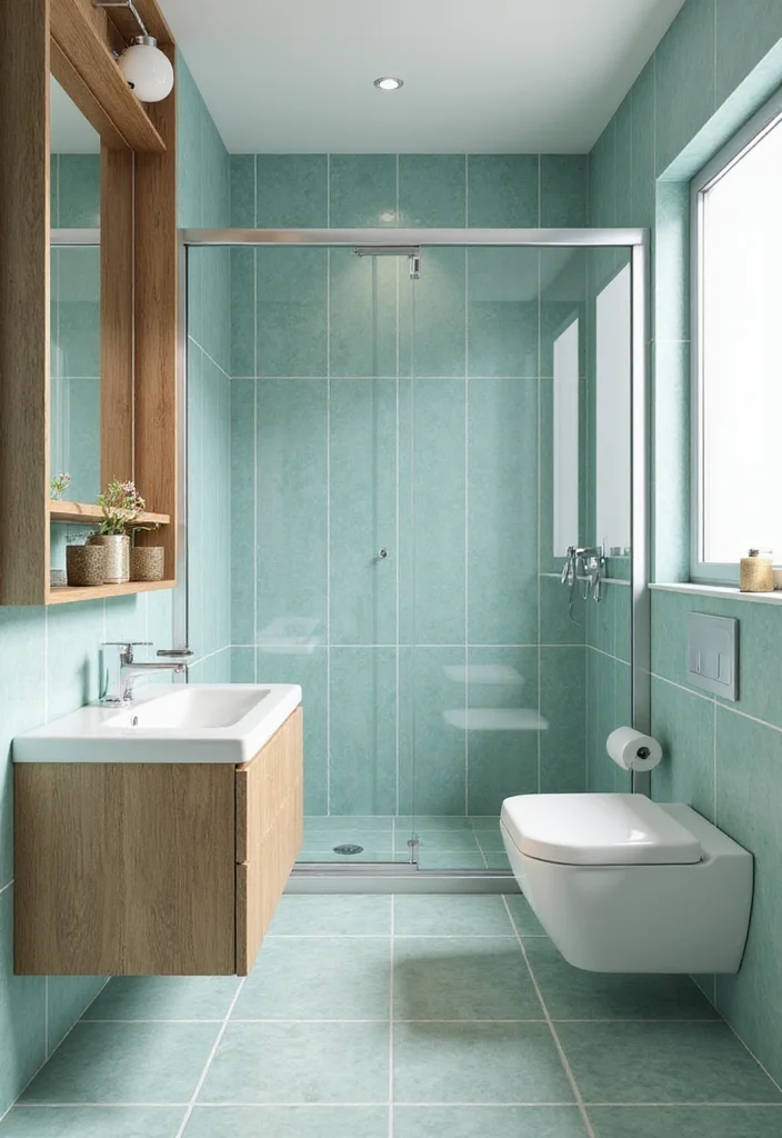 14 Aqua Tile Bathroom Ideas With Fresh Colour - 7. Aqua and Natural Wood Combination