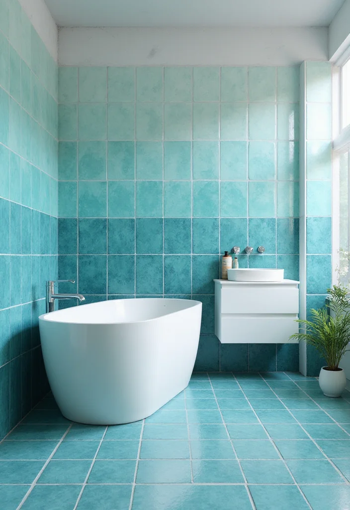 14 Aqua Tile Bathroom Ideas With Fresh Colour - 9. Aqua Gradient Tiles for a Unique Look