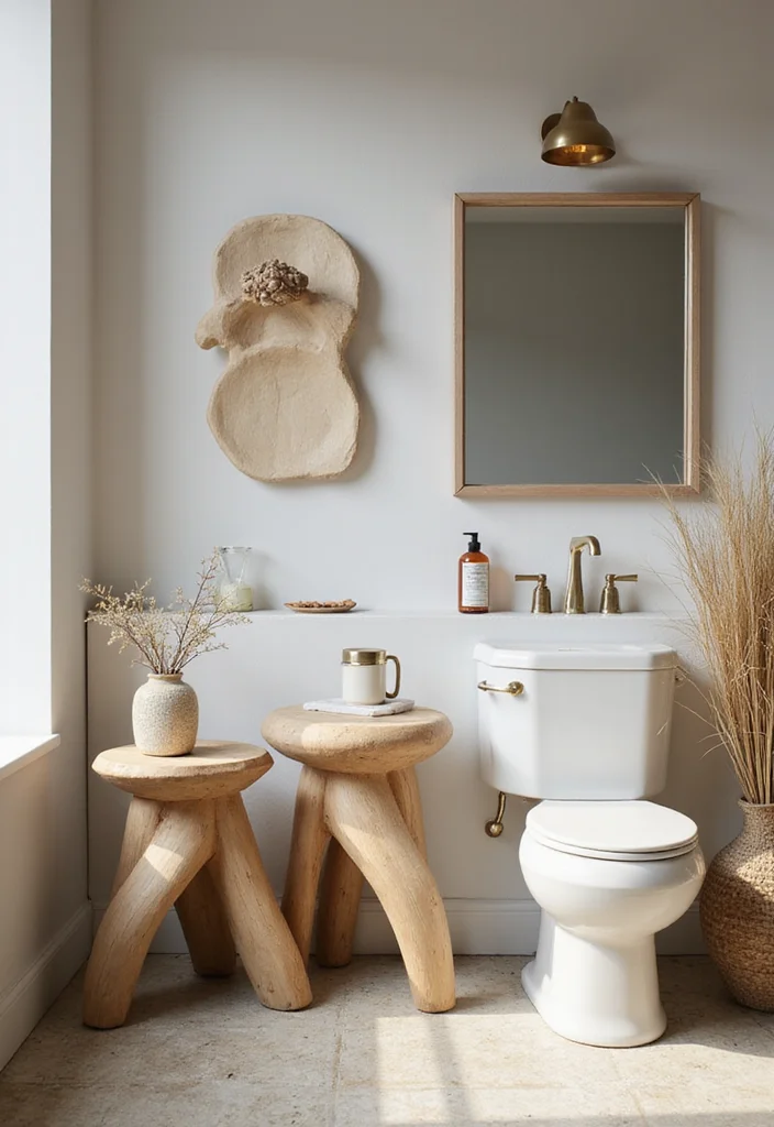 14 Bathroom Stool Decor Ideas For Style And Function - 10. Artistic Stools as Decor Statements