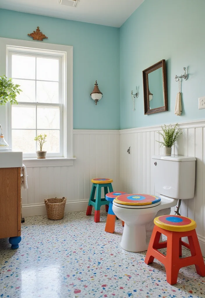 14 Bathroom Stool Decor Ideas For Style And Function - 13. Painted Stools for a Splash of Color