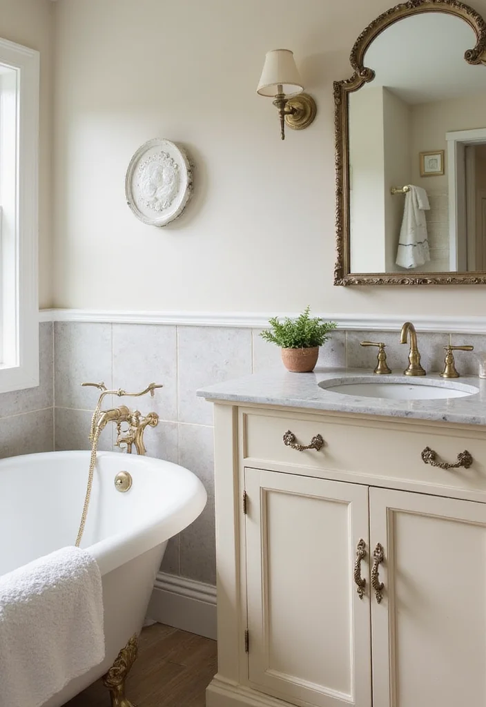 14 Cream Bathroom Vanity Ideas With Soft Elegance - 1. Timeless Elegance with Antique Hardware