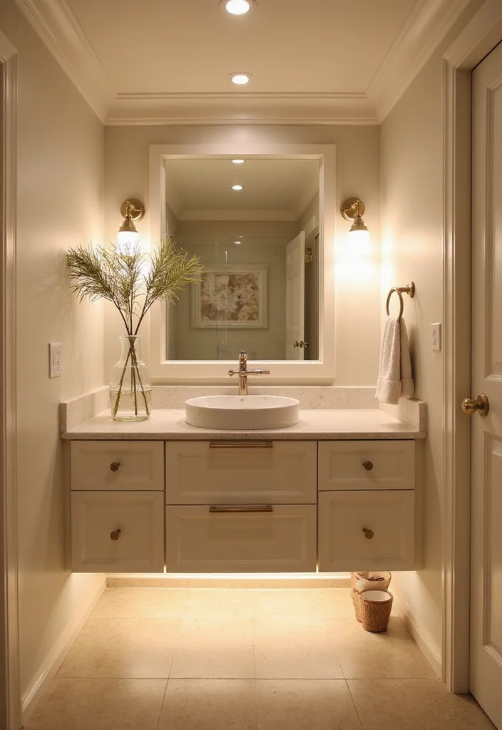 14 Cream Bathroom Vanity Ideas With Soft Elegance - 14. Layers of Lighting for Ultimate Ambiance