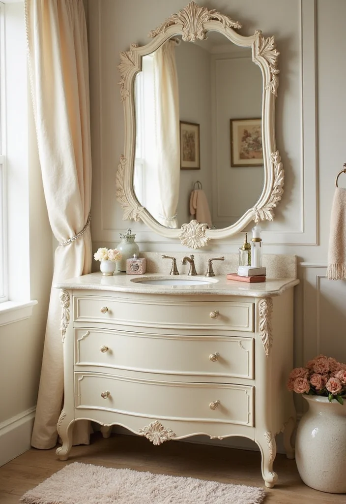 14 Cream Bathroom Vanity Ideas With Soft Elegance - 3. Vintage Glam with Curved Silhouettes