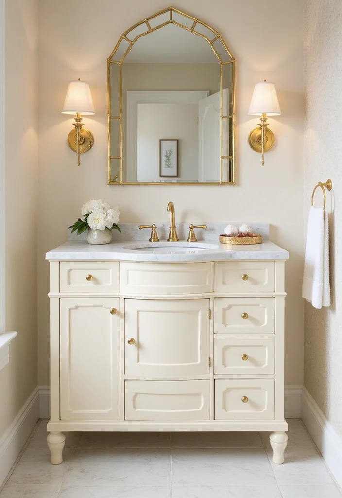 14 Cream Bathroom Vanity Ideas With Soft Elegance - 6. Glamorous Gold Accents