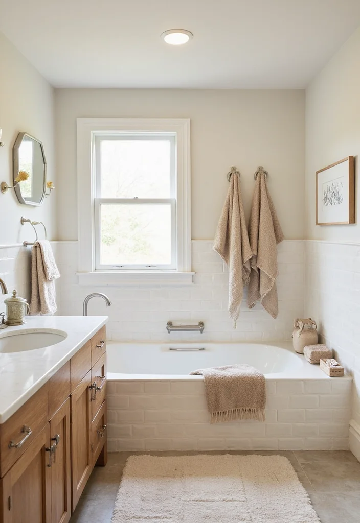 14 Cream Tile Bathroom Ideas With Soft Warmth - 1. Beachy Vibes with Cream Subway Tiles