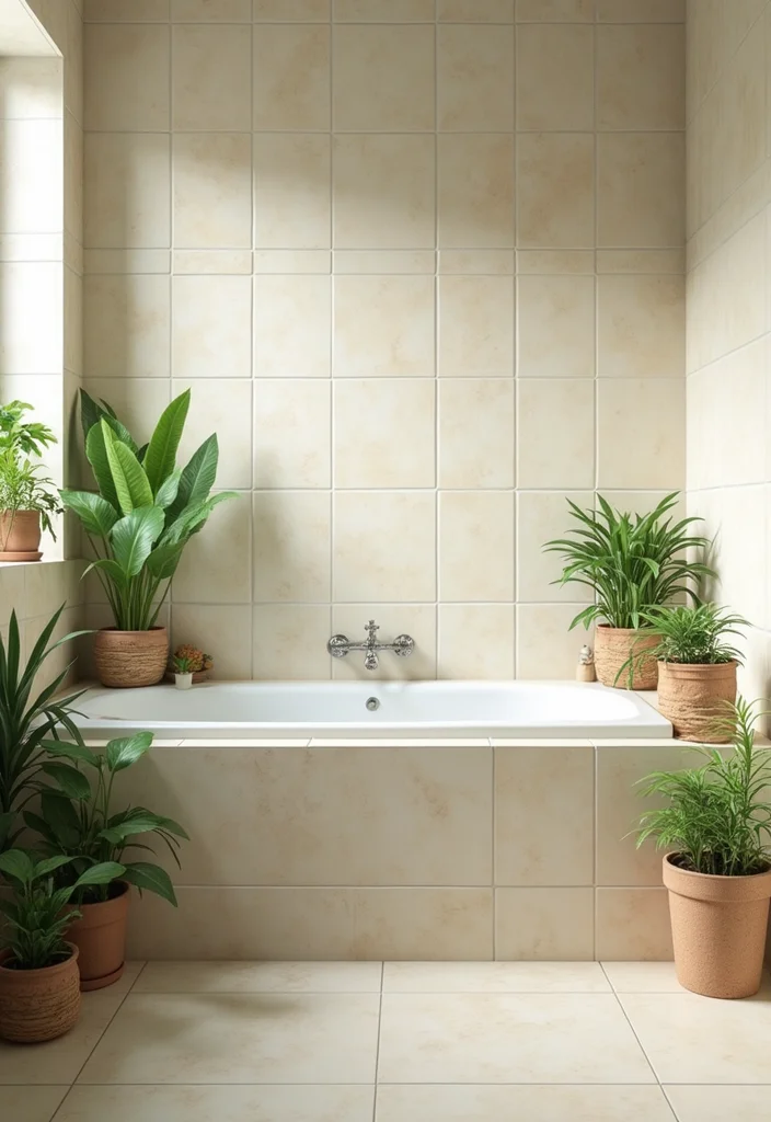 14 Cream Tile Bathroom Ideas With Soft Warmth - 10. Cream Tiles and Greenery