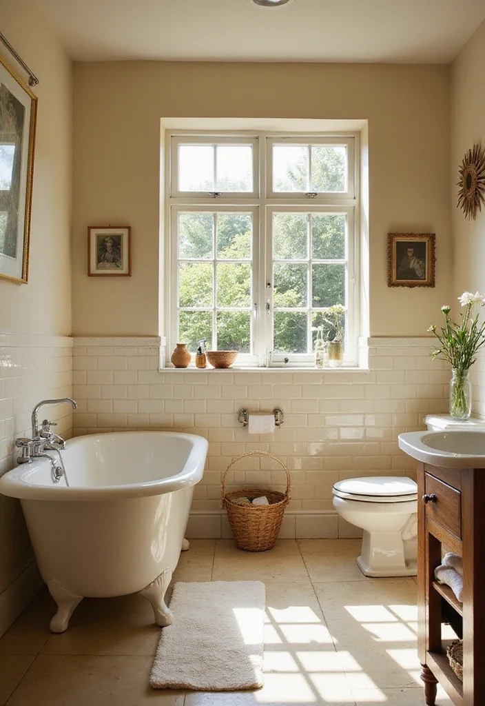 14 Cream Tile Bathroom Ideas With Soft Warmth - 12. Cream Tiles for a Vintage Touch