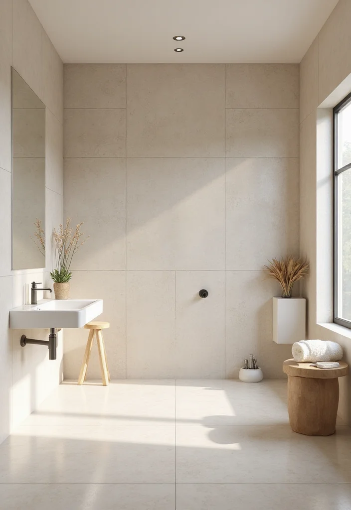 14 Cream Tile Bathroom Ideas With Soft Warmth - 13. Minimalistic Cream Bathrooms