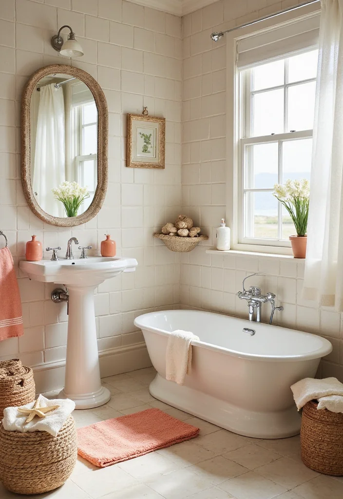 14 Cream Tile Bathroom Ideas With Soft Warmth - 7. Cream Tiles with Nautical Decor