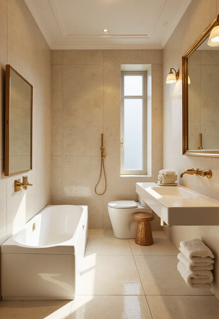14 Cream Tile Bathroom Ideas With Soft Warmth - 8. Cream Tiles with Gold Accents