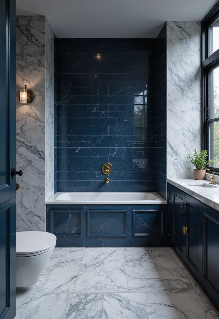 14 Dark Blue Tile Bathroom Ideas With Bold Mood - 10. Dark Blue and Marble Mix