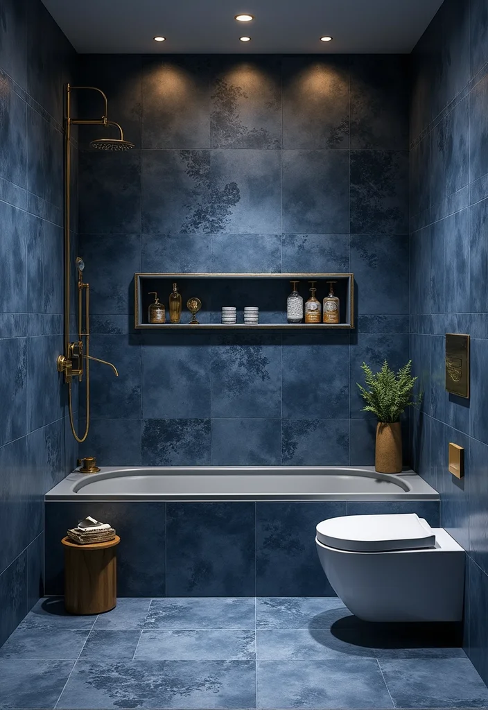 14 Dark Blue Tile Bathroom Ideas With Bold Mood - 11. Dark Blue Shower Niche Designs