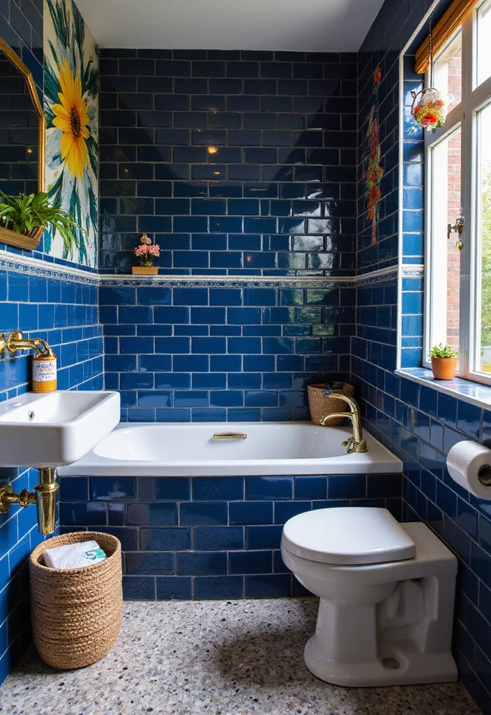 14 Dark Blue Tile Bathroom Ideas With Bold Mood - 12. Dark Blue Tiles with Bold Prints