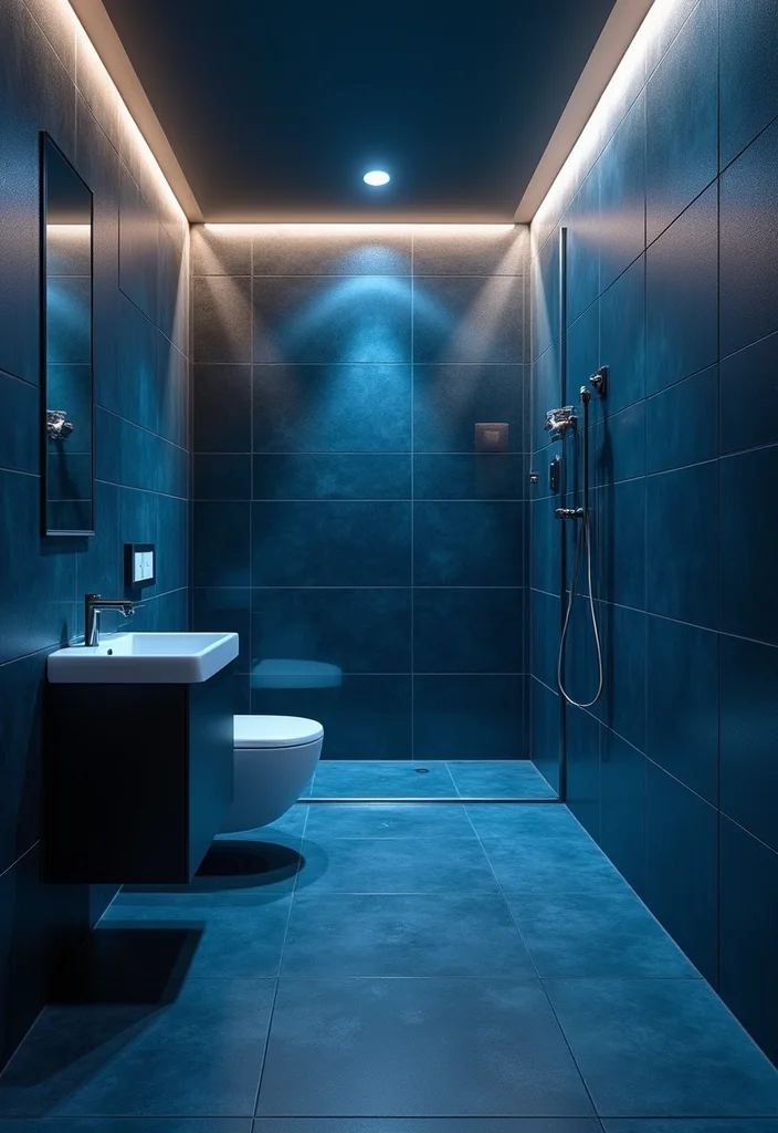 14 Dark Blue Tile Bathroom Ideas With Bold Mood - 13. Deep Blue Tiles with LED Lighting