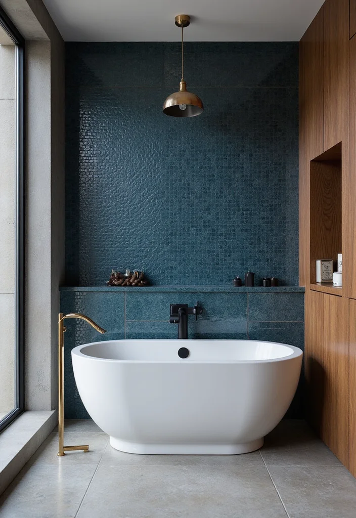14 Dark Blue Tile Bathroom Ideas With Bold Mood - 2. Dark Blue Mosaic Tiles for Artistic Flair