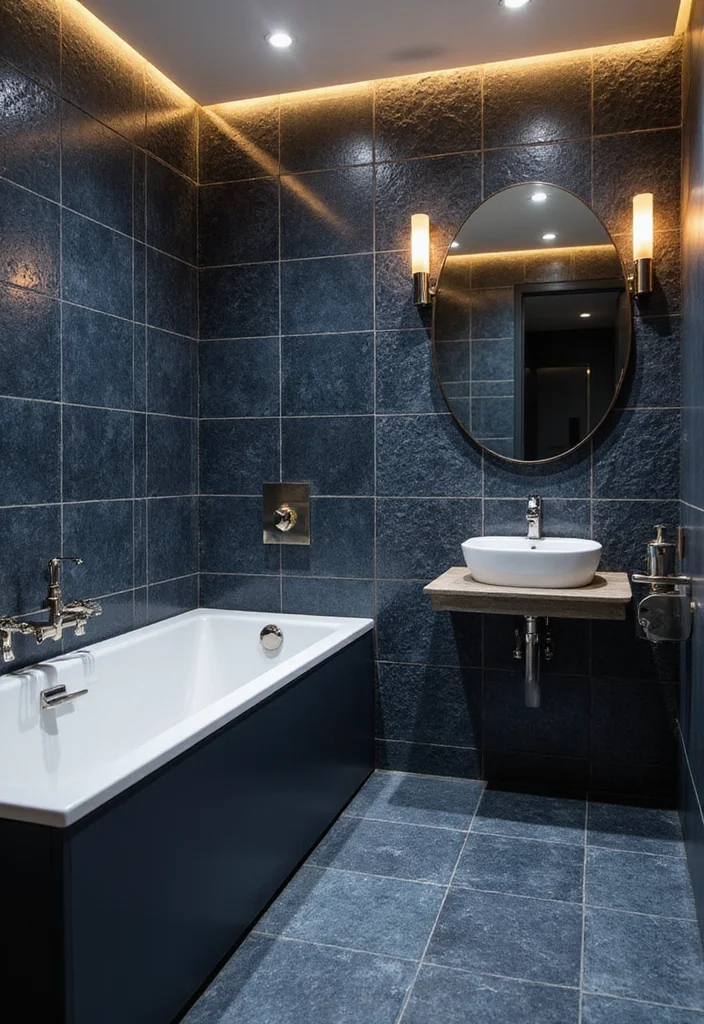 14 Dark Blue Tile Bathroom Ideas With Bold Mood - 3. Textured Tiles for Added Dimension