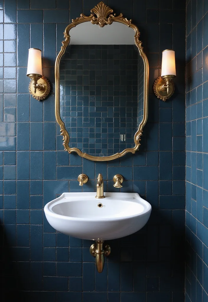 14 Dark Blue Tile Bathroom Ideas With Bold Mood - 4. Bold Dark Blue and Gold Accents