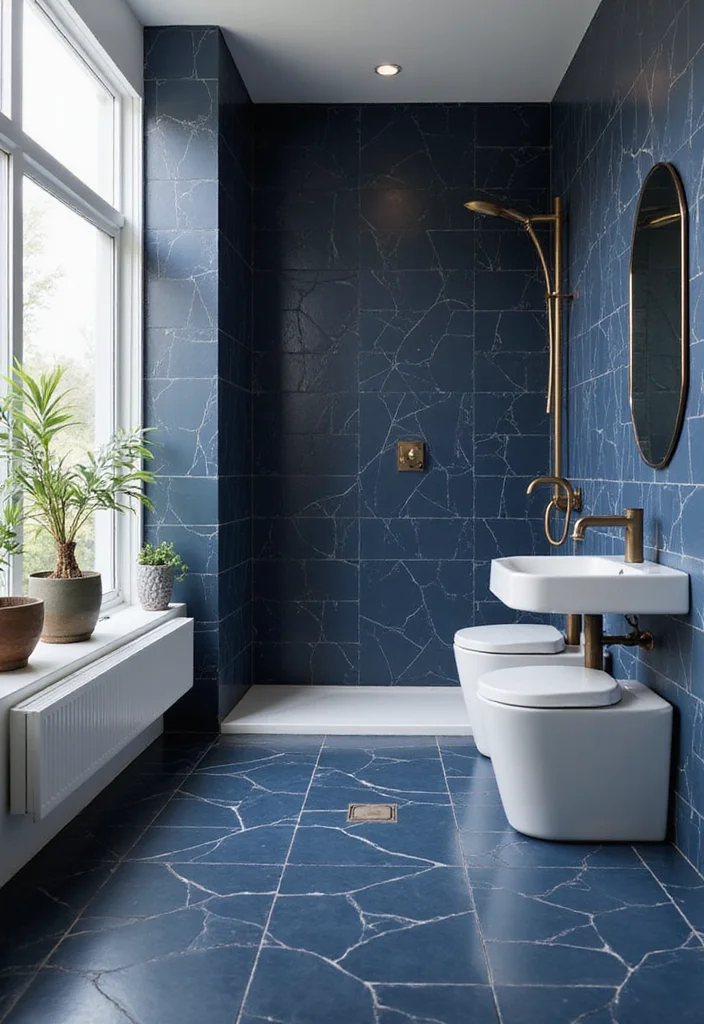 14 Dark Blue Tile Bathroom Ideas With Bold Mood - 5. Navy Tiles with Geometric Patterns