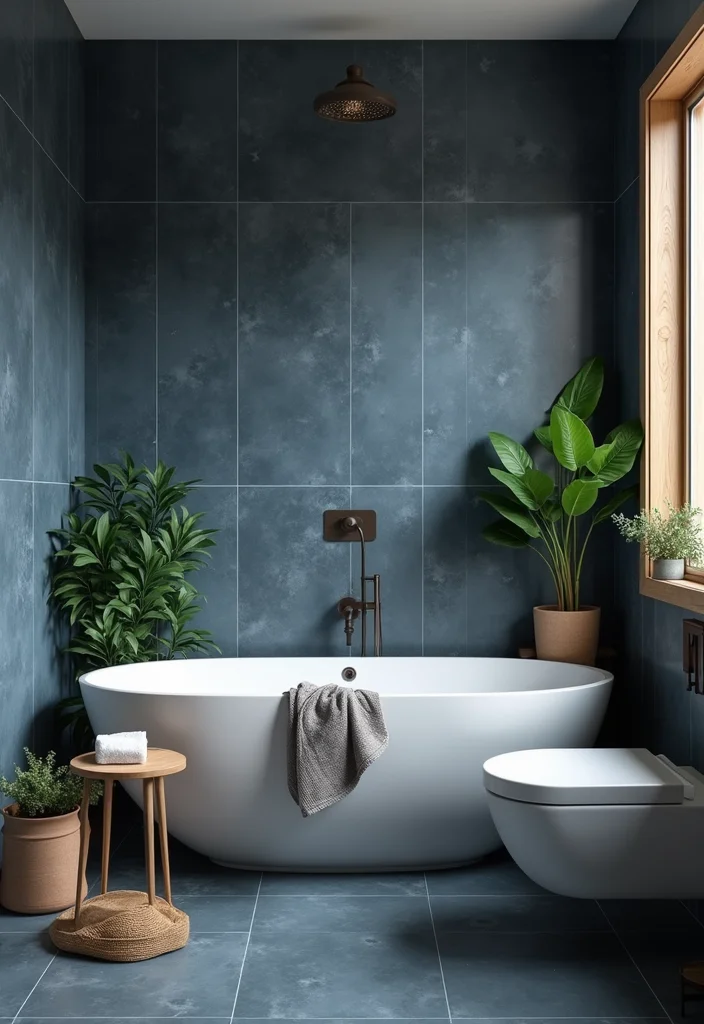 14 Dark Blue Tile Bathroom Ideas With Bold Mood - 9. Rich Blue with Natural Elements