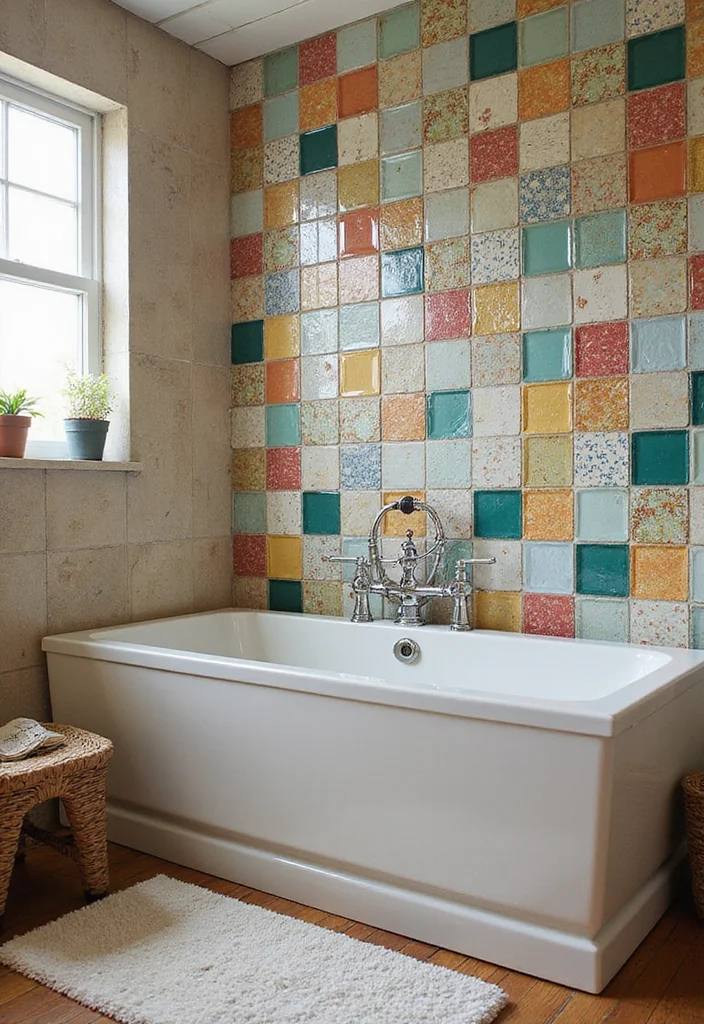 14 Glass Tile Bathroom Ideas That Add Shine - 10. Mismatched Tiles for Eclectic Charm