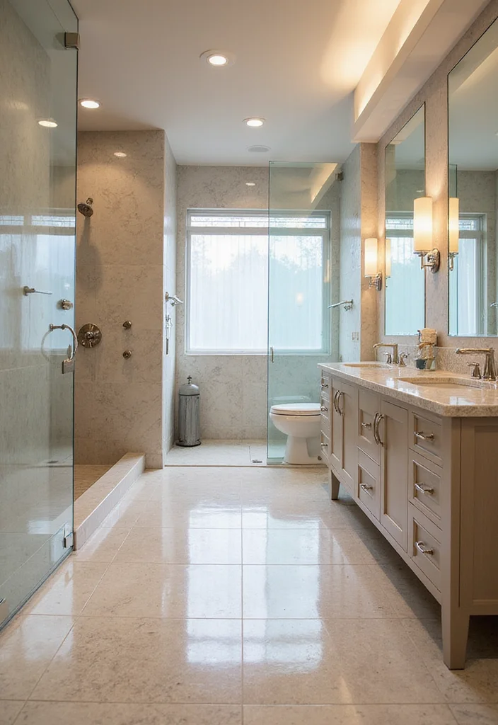 14 Glass Tile Bathroom Ideas That Add Shine - 12. Incorporating Glass Tiles in Flooring