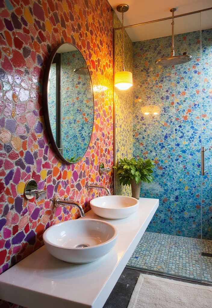 14 Glass Tile Bathroom Ideas That Add Shine - 2. Vibrant Colored Glass Mosaic