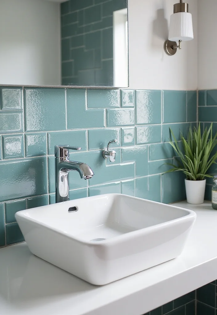 14 Glass Tile Bathroom Ideas That Add Shine - 5. Glass Tile Backsplash