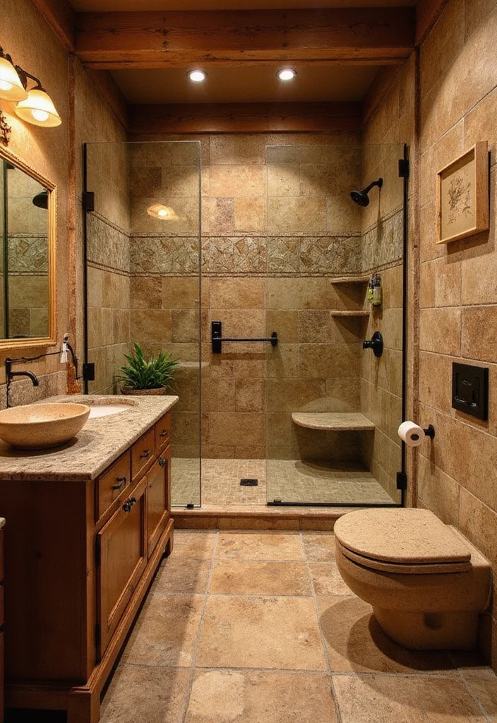 14 Glass Tile Bathroom Ideas With Glossy Style - 12. Earthy Elegance