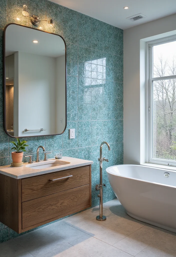 14 Glass Tile Bathroom Ideas With Glossy Style - 4. Radiant Reflection