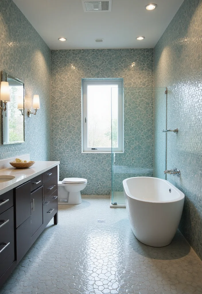 14 Glass Tile Bathroom Ideas With Glossy Style - 7. Geometric Glam