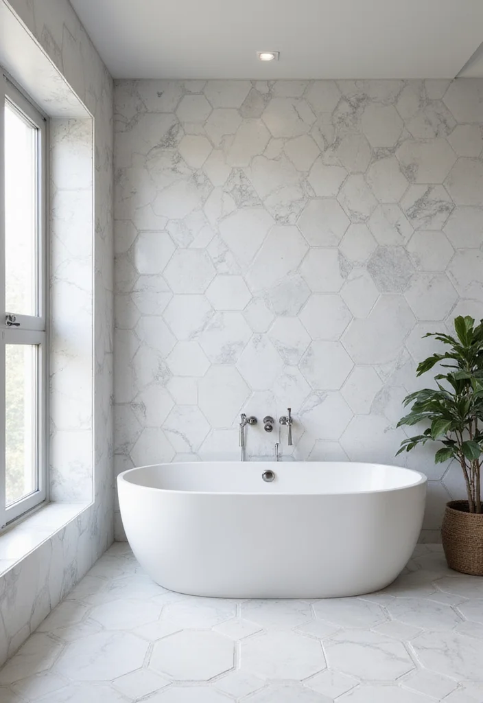 14 Large Hexagon Tile Bathroom Ideas With Modern Shape - 1. Elegant Marble Look