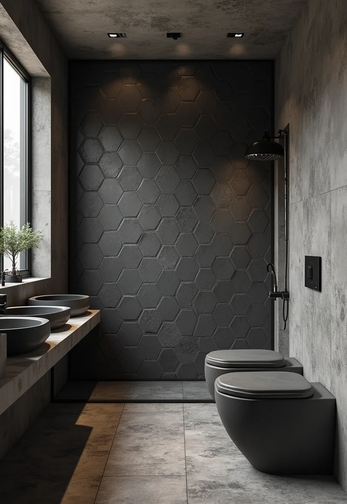 14 Large Hexagon Tile Bathroom Ideas With Modern Shape - 11. Industrial Chic