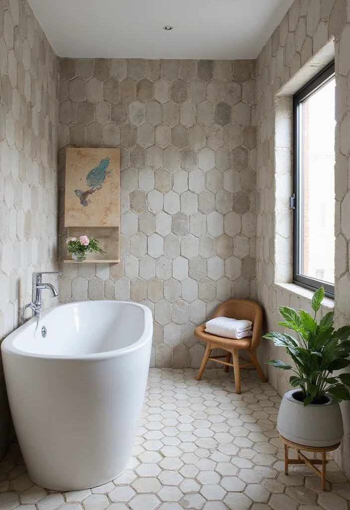 14 Large Hexagon Tile Bathroom Ideas With Modern Shape - 13. Artistic Mosaics