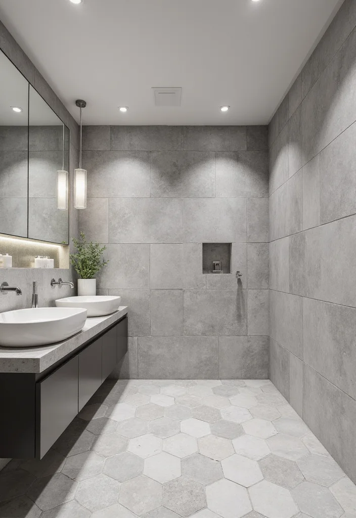 14 Large Hexagon Tile Bathroom Ideas With Modern Shape - 3. Minimalist Monochrome