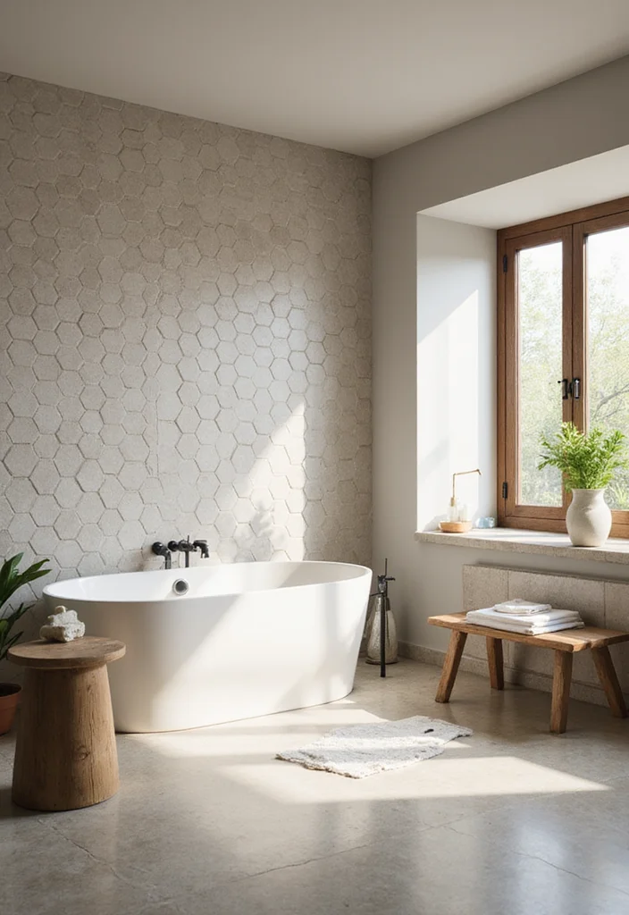 14 Large Hexagon Tile Bathroom Ideas With Modern Shape - 6. Spa-Inspired Neutrals