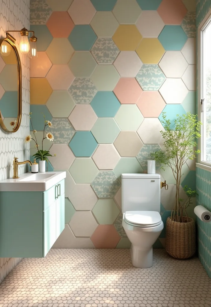 14 Large Hexagon Tile Bathroom Ideas With Modern Shape - 7. Retro Revival