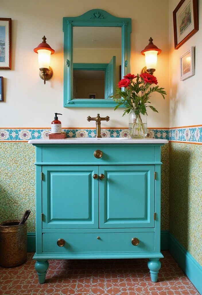 14 MCM Bathroom Vanity Ideas With Retro Style - 2. Bold Colored Vanities for a Retro Vibe