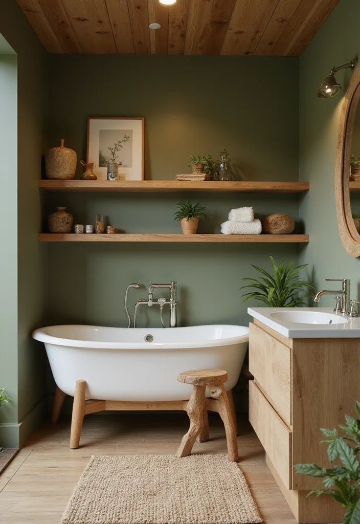 14 Olive Green Bathroom Decor Ideas With Peaceful Style - 1. Olive Green Walls with Natural Wood Accents